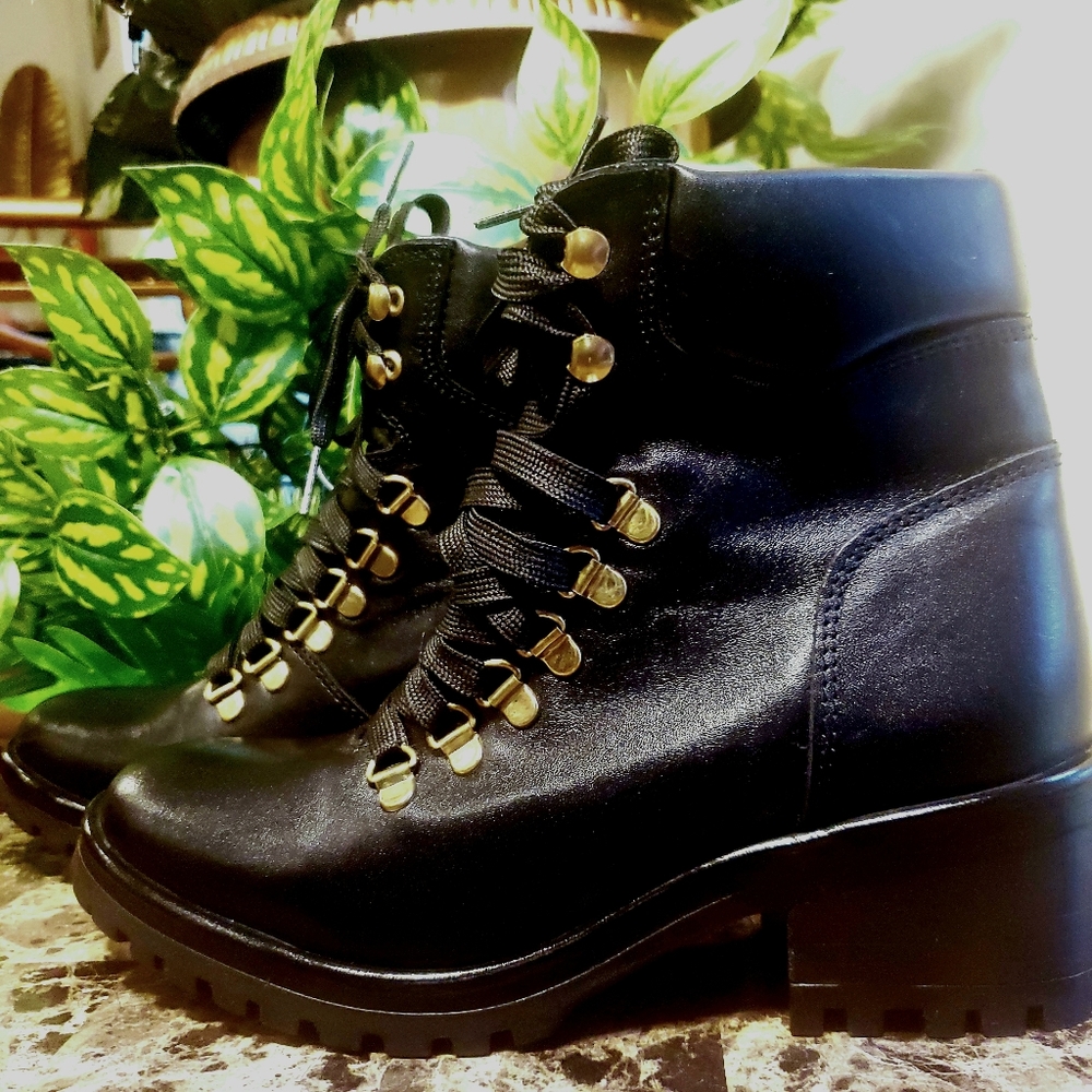 Steven By Steve Madden Size 8 Womens Black Leather Grenada Hiking Combat Boot